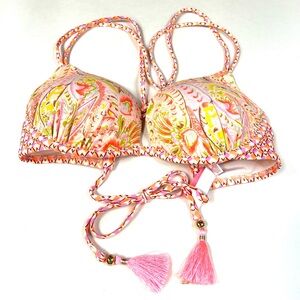 Y2K Victorias Secret 32C Gorgeous Pushup Bikini Top Orange Pink Tassel 8KJ #4017